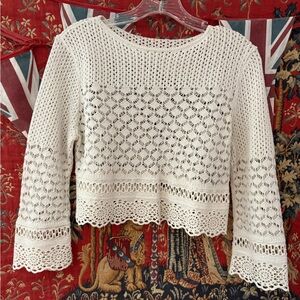 Crochet Lace Long Sleeve Cropped Sweater - Cream Romantic 💝 Feminine Cool Girl